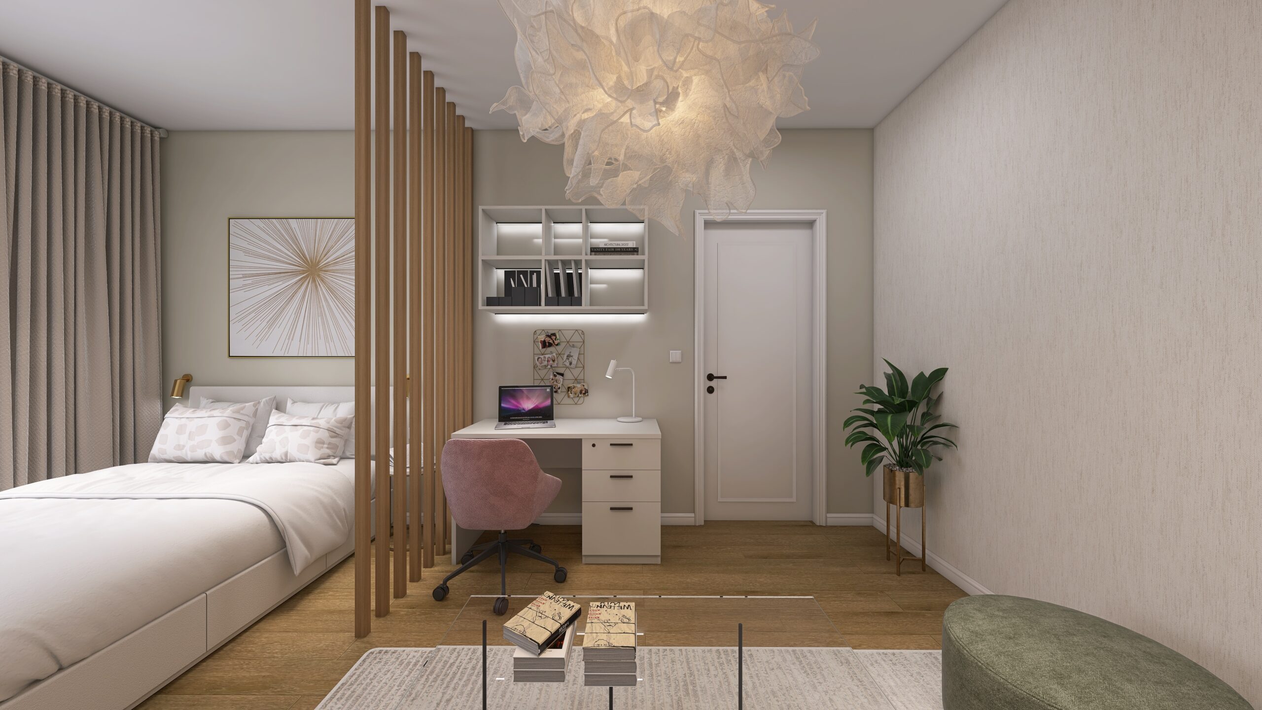 Jemný interiérový dizajn byt spálňa návrh multifunkčný priestor žena