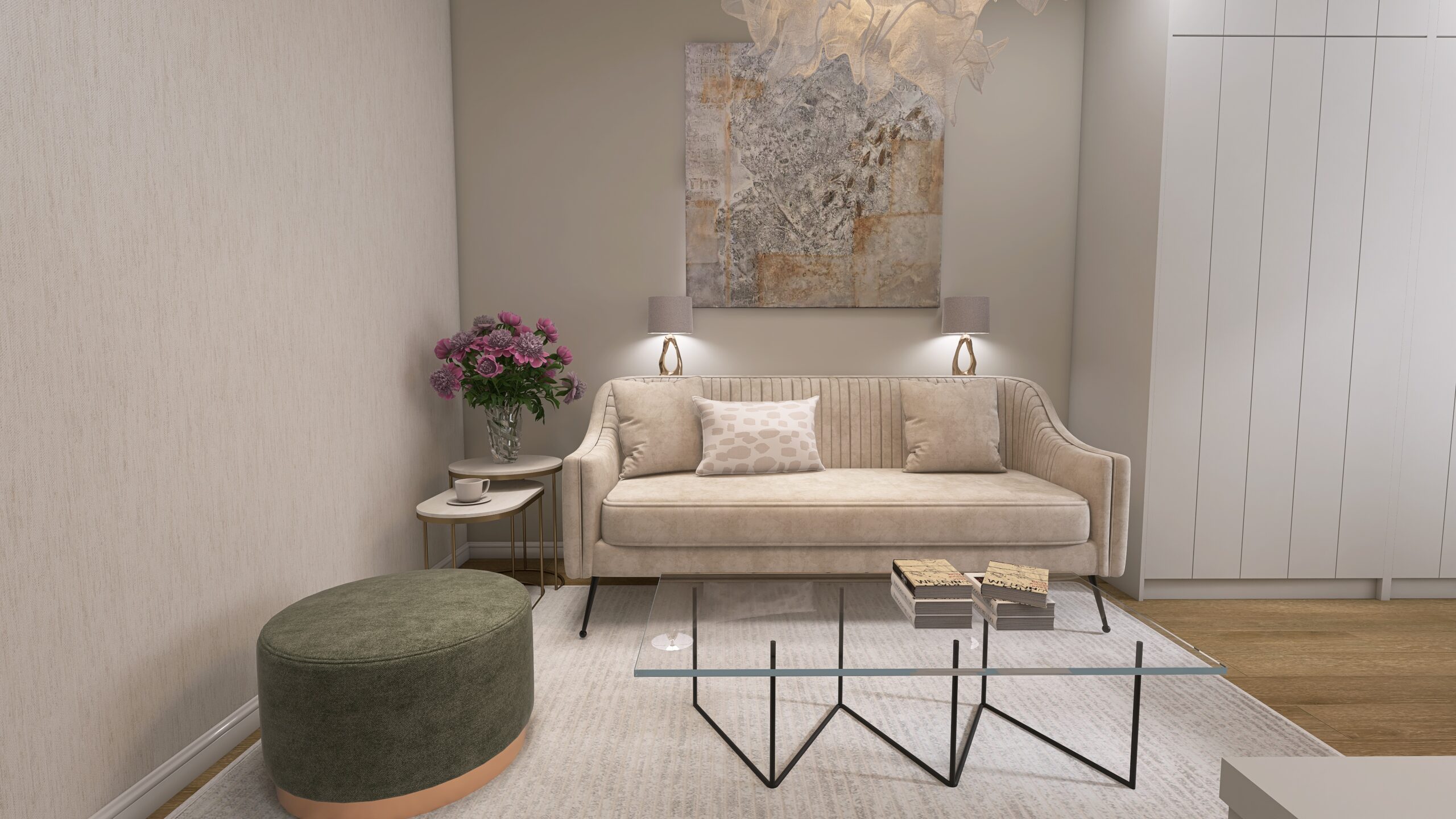 Jemný interiérový dizajn byt spálňa návrh multifunkčný priestor žena