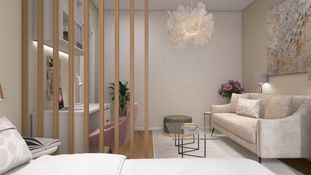 Interiérový dizajn byt spálňa návrh lamely priestor žena