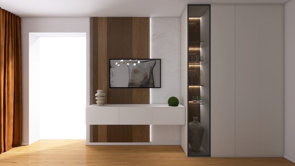 Moderná obývačka v paneláku, TV stena