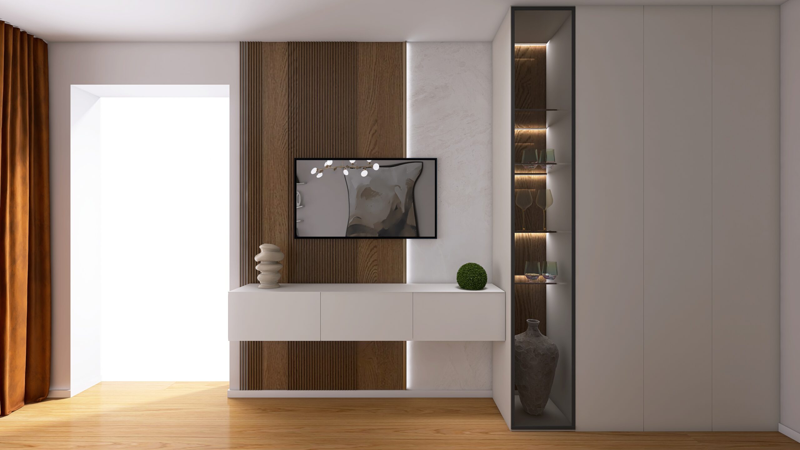 návrh modernej obývačky v paneláku, LED podsvietenie, tv stena, kameň, tmavé drevo