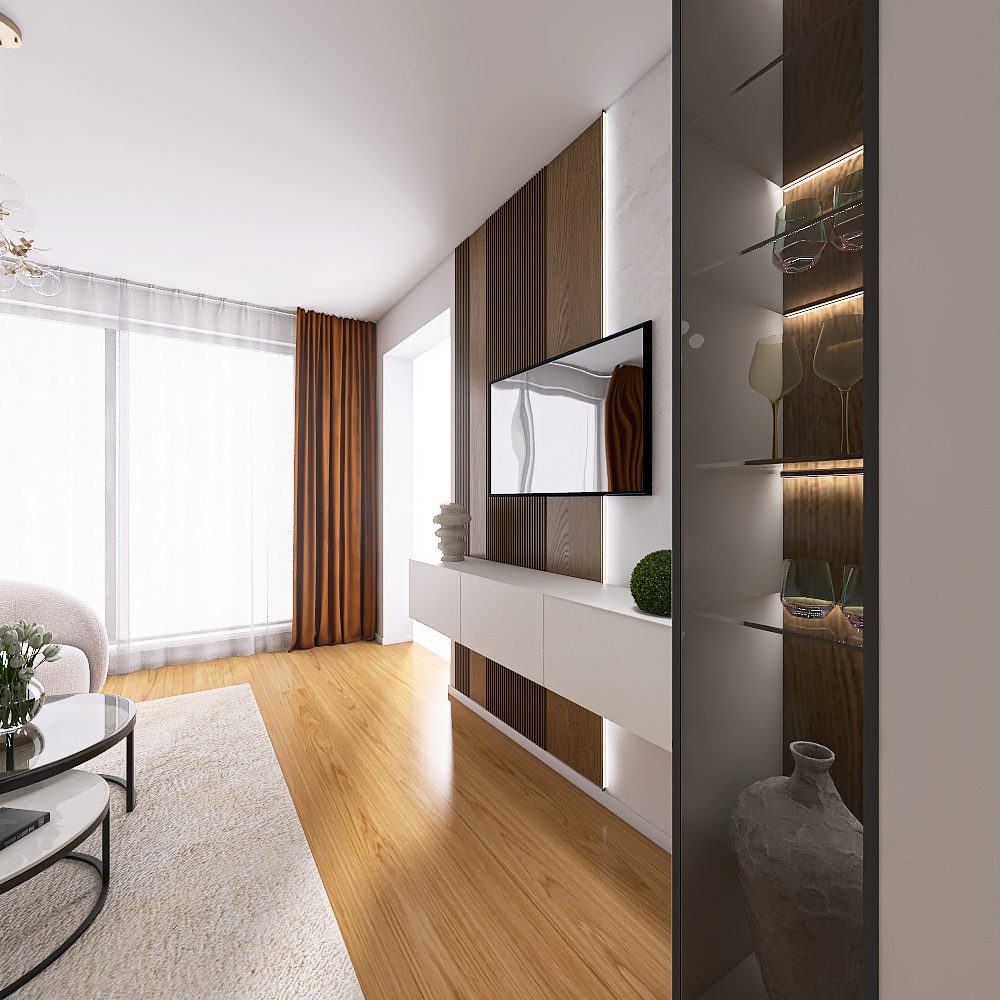 návrh modernej obývačky v paneláku, LED podsvietenie, tv stena, kameň, tmavé drevo