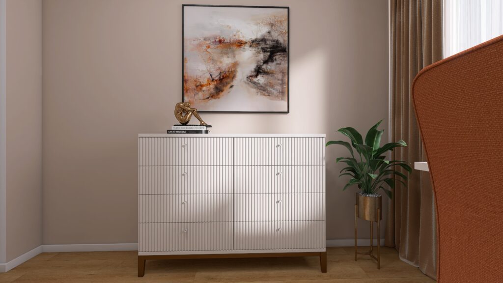 Malá domáca pracovňa v byte, home office, lamely, komoda, obraz