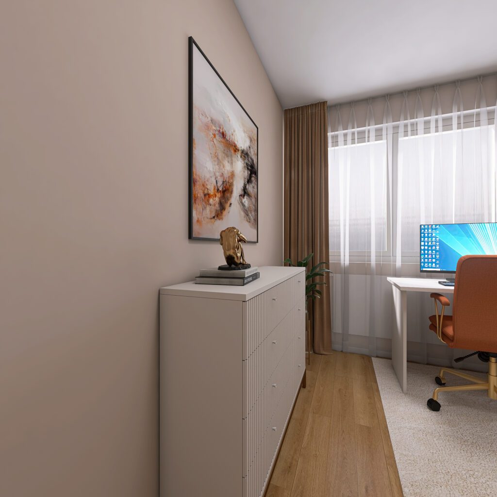 Malá domáca pracovňa v byte, home office, lamely, komoda, obraz