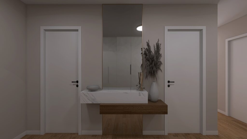 Dlhá chodba v bungalove, veľké zrkadlo, úložný priestor