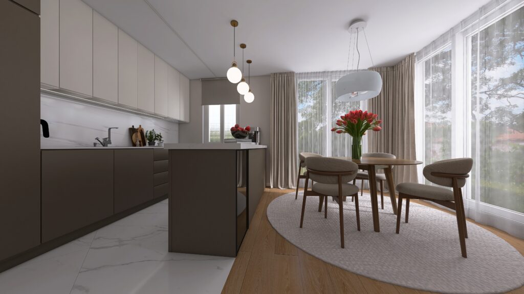 Moderná kuchyňa bungalov, okrúhly stôl v kuchyni, jedálenské stoličky