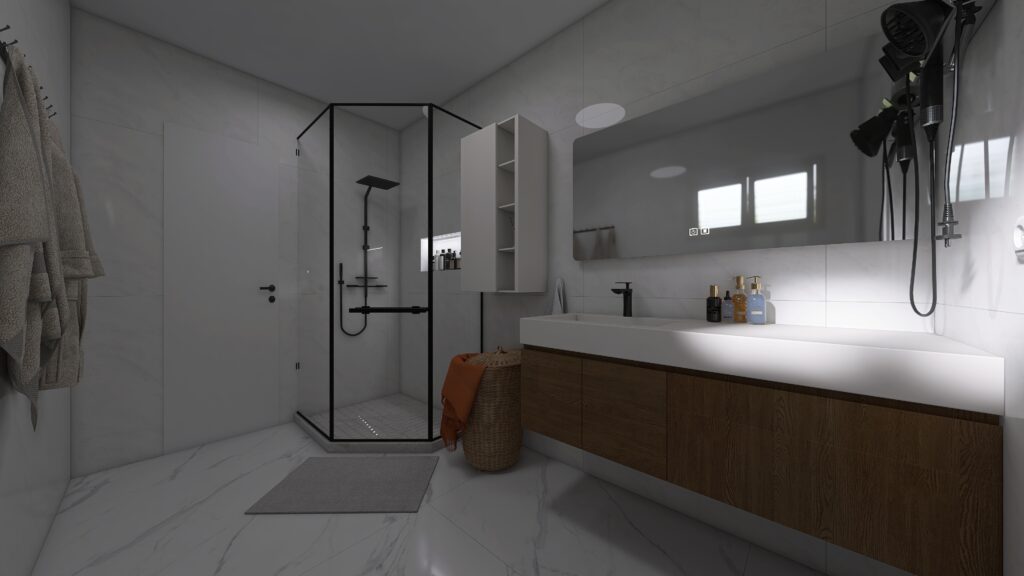 Kúpeľňa bungalov, čierny sprchový kút