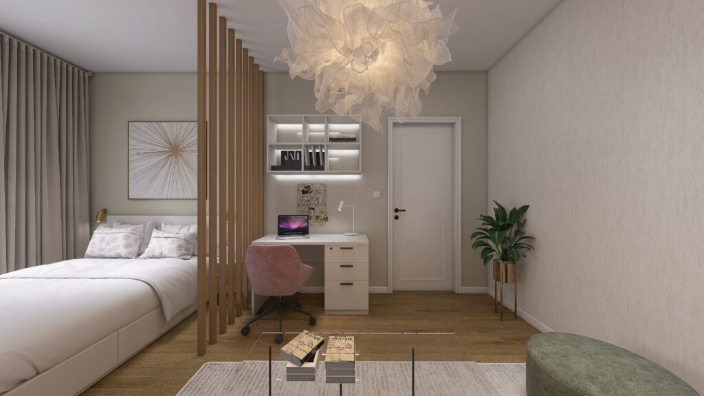 Jemný interiérový dizajn byt spálňa návrh multifunkčný priestor žena