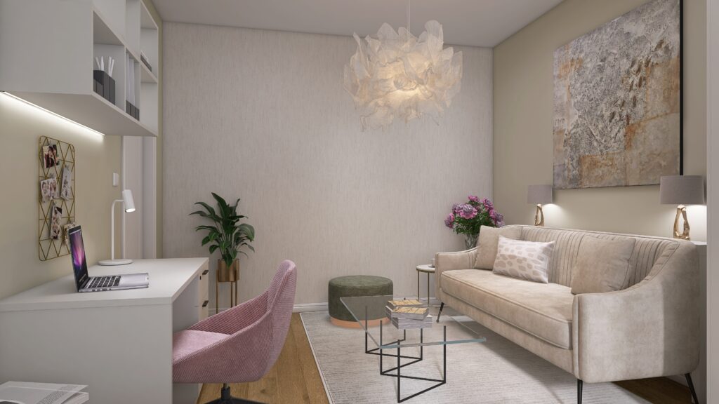 Jemný interiérový dizajn byt spálňa návrh multifunkčný priestor žena