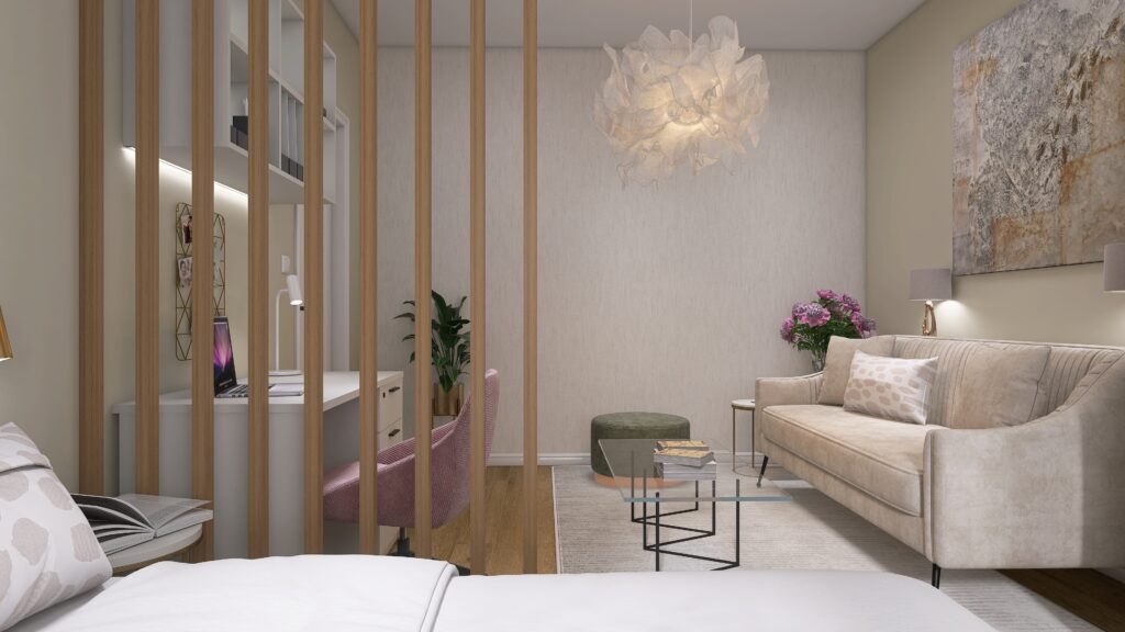 Jemný interiérový dizajn byt spálňa návrh multifunkčný priestor žena