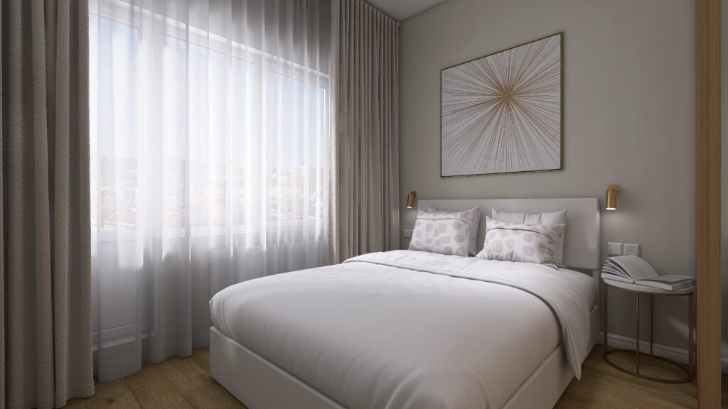 Jemný interiérový dizajn byt spálňa návrh multifunkčný priestor žena