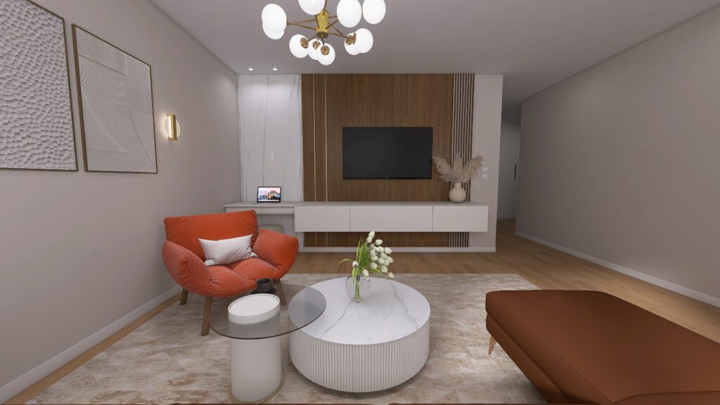 Nadčasová, moderná, útulná obývačka v bungalove, TV stena, pracovný kút, luster, obrazy, oranžové kreslo