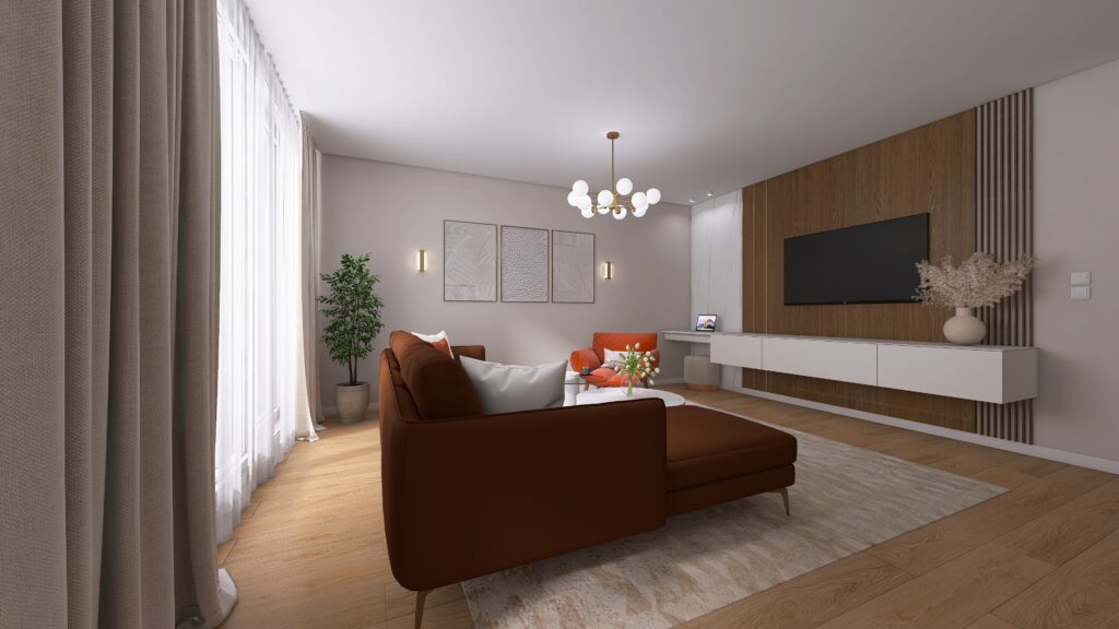 Nadčasová, moderná, útulná obývačka v bungalove, TV stena, pracovný kút, luster, obrazy