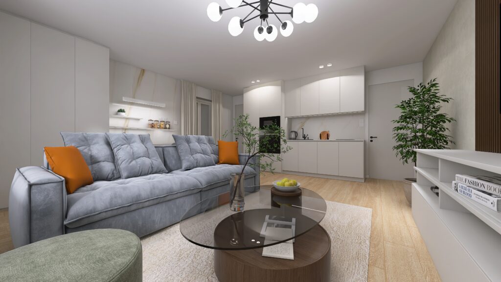 Obývačka s kuchyňou, nadčasová kuchyňa, novostavba