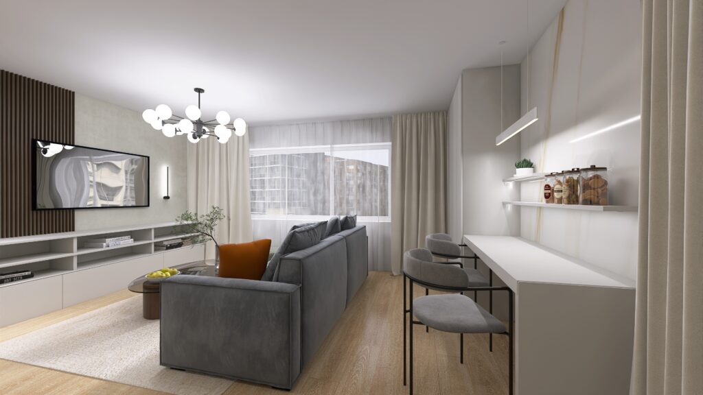 Obývačka s kuchyňou v novostavbe, TV stena, lamely, mramor, jedálenský kút