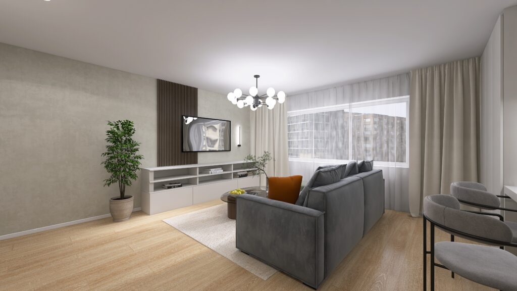 Obývačka s kuchyňou v novostavbe, TV stena, lamely