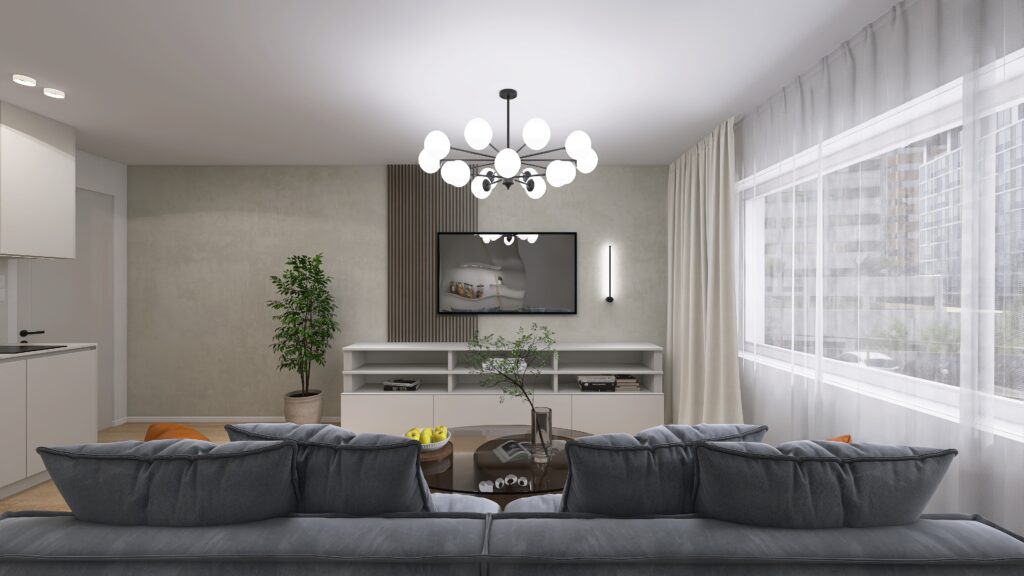 Obývačka s kuchyňou, tv stena, novostavba