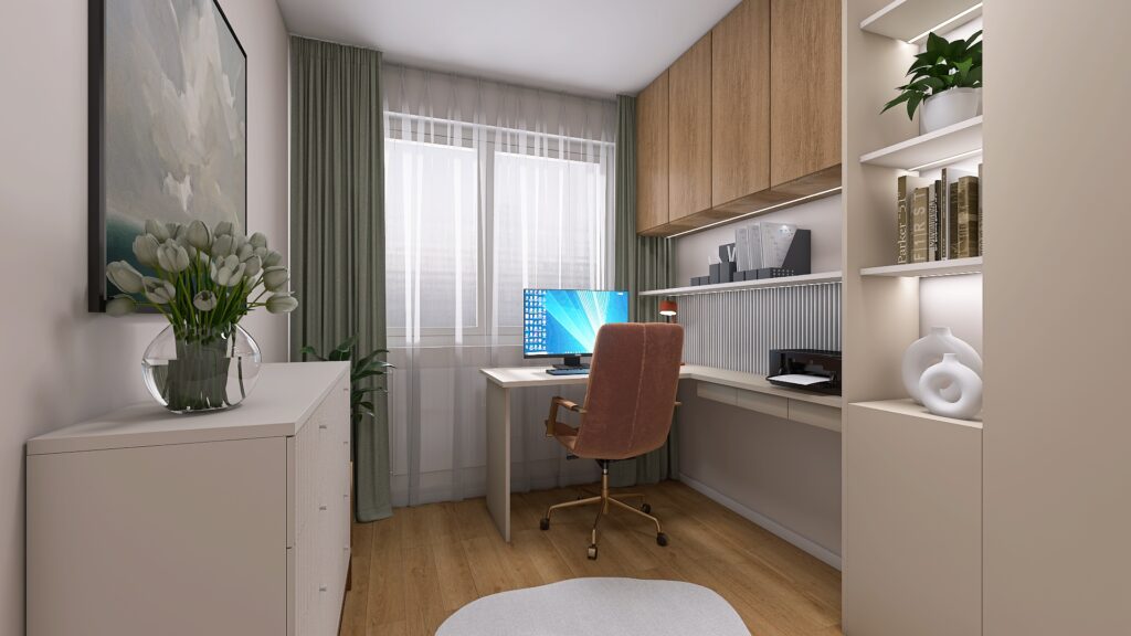 Návrh domácej pracovne, home office, neutrálne farby