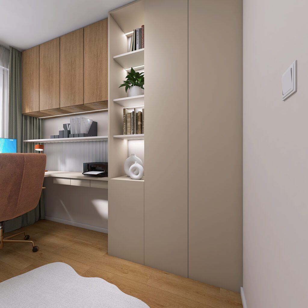 Návrh domácej pracovne, home office, neutrálne farby