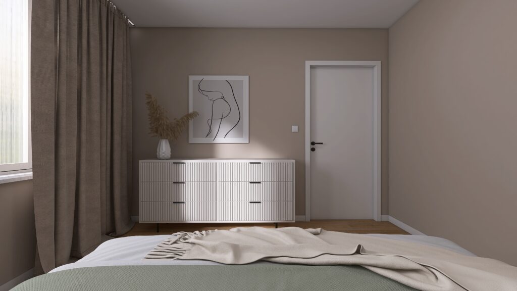 Moderná, útulná spálňa bungalov, biely nábytok