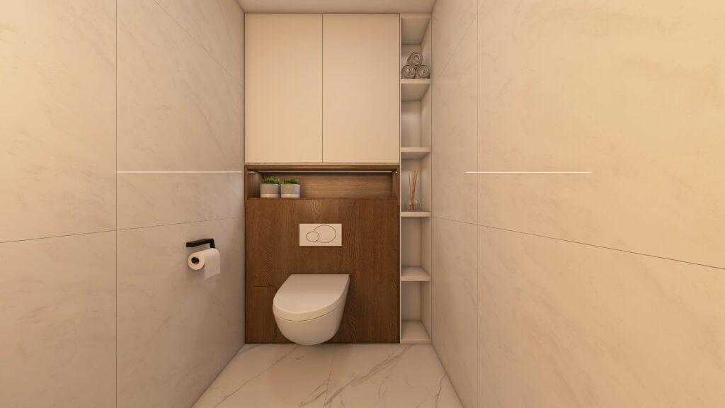 Toaleta v bungalove, skrytá štetka, závesné wc