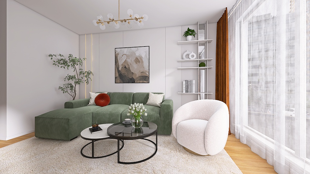 Moderná obývačka v paneláku, TV stena, podsvietená vitrína, lamely, mramor, vstavaná skriňa, zelený gauč, pohovka, boucle kreslo, LED