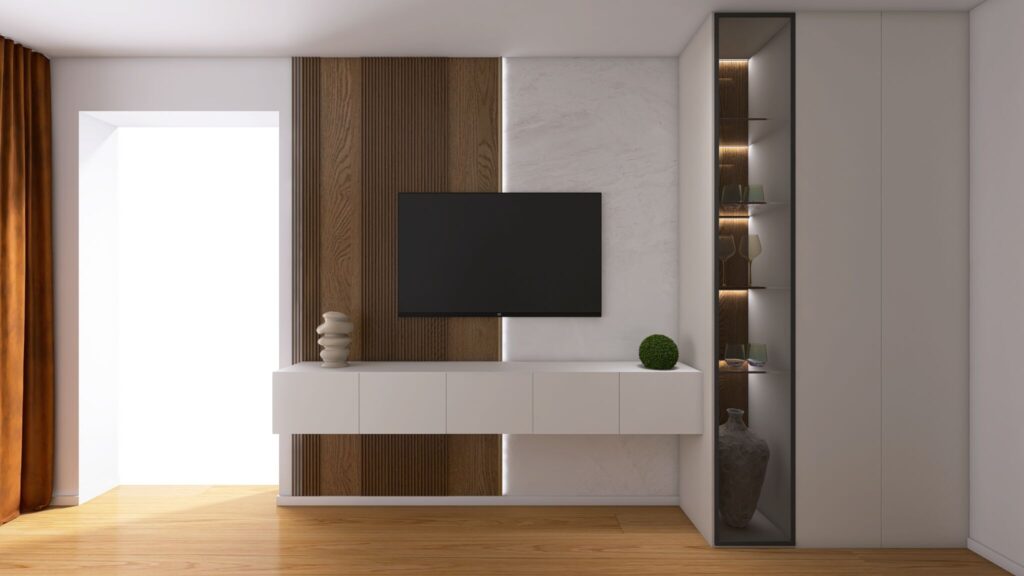 Moderná obývačka v paneláku, TV stena, podsvietená vitrína, lamely, mramor, vstavaná skriňa