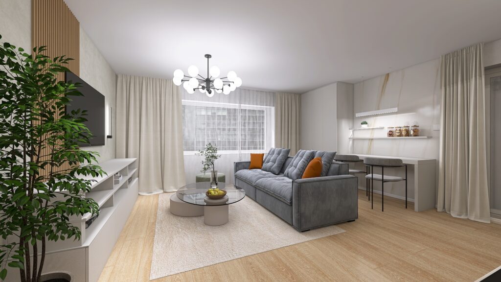 Obývačka s kuchyňou, tv stena, novostavba, jedálenská časť