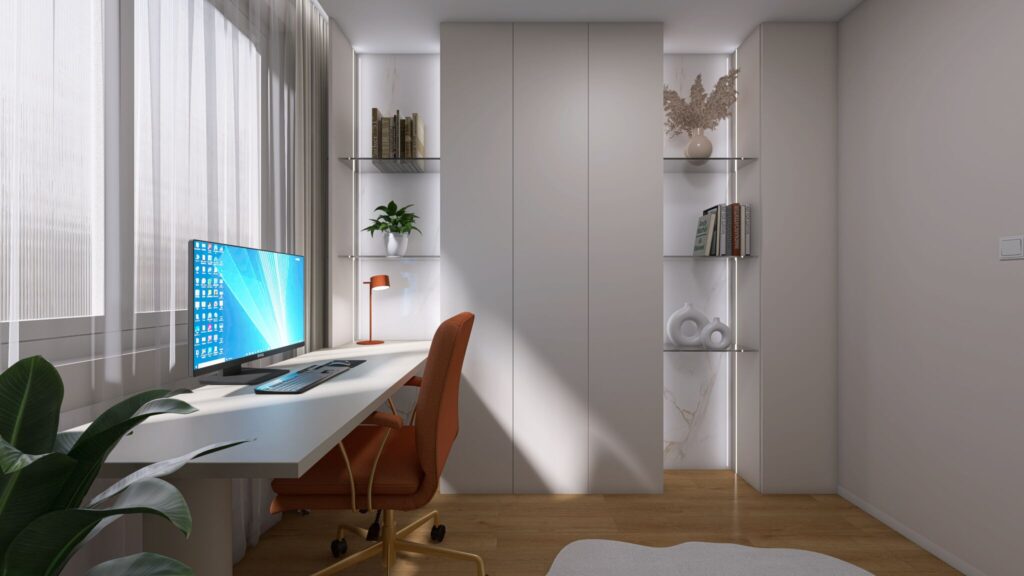 Návrh luxusnej domácej pracovne, home office, neutrálne farby