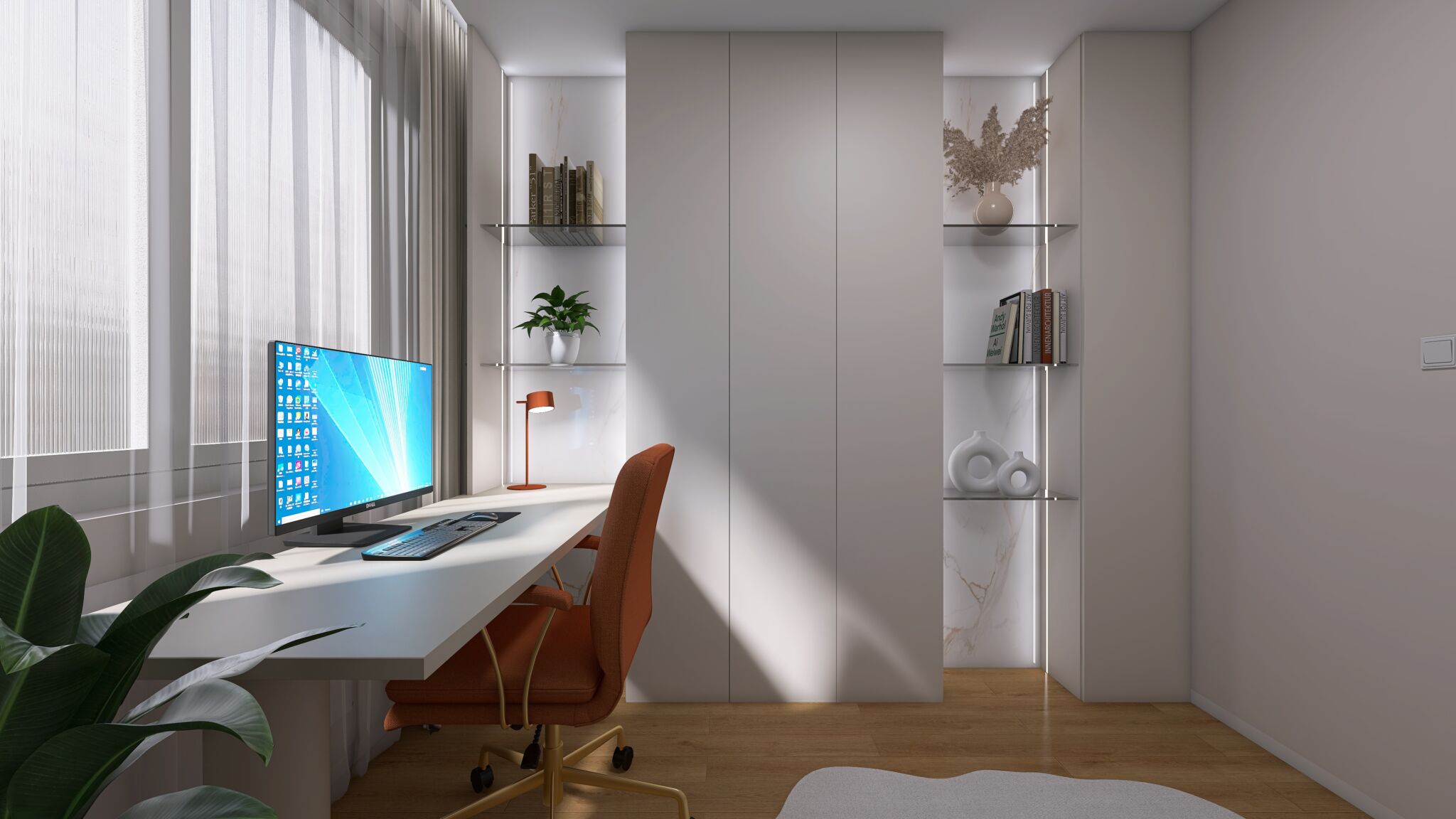 Návrh luxusnej domácej pracovne, home office, neutrálne farby
