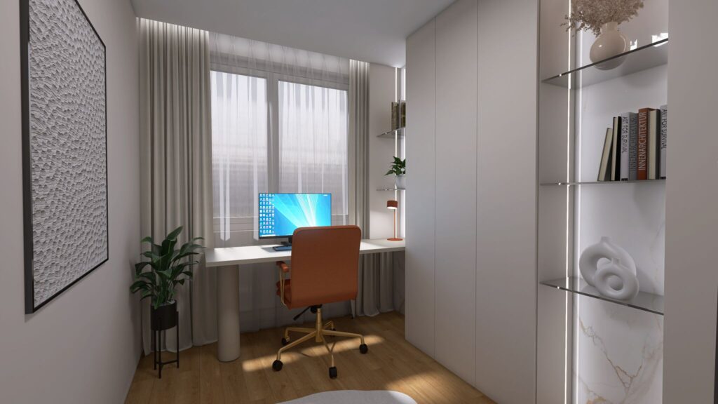 Návrh luxusnej domácej pracovne, home office, neutrálne farby