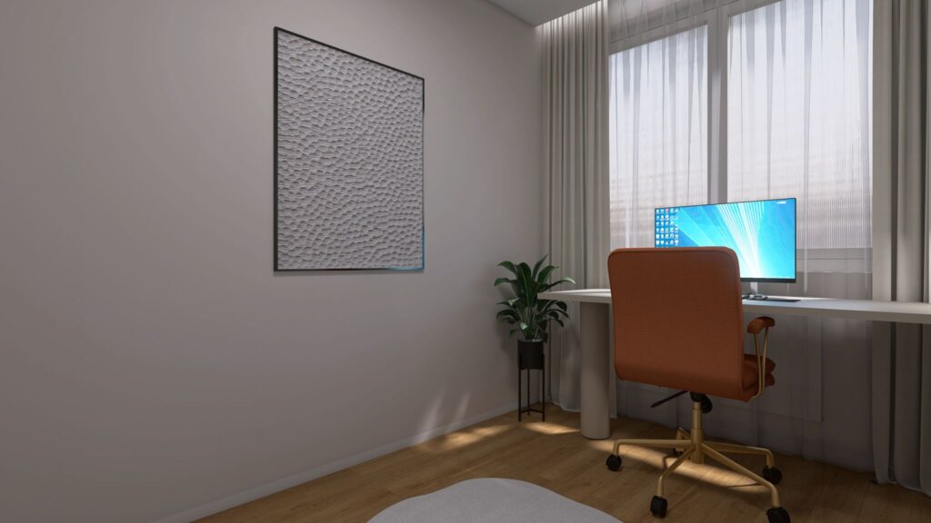Návrh luxusnej domácej pracovne, home office, neutrálne farby