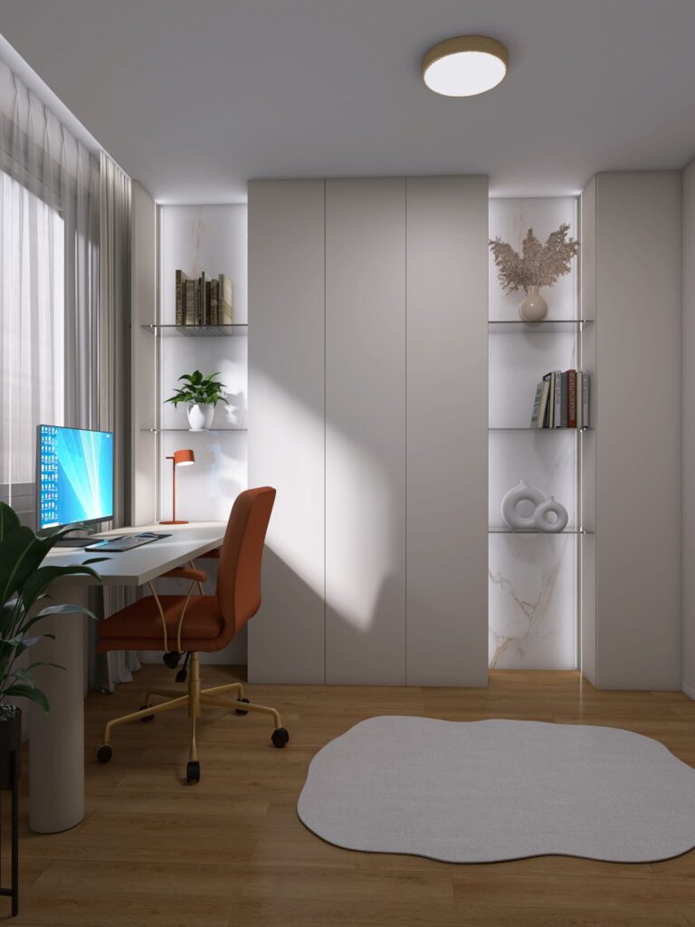Návrh luxusnej domácej pracovne, home office, neutrálne farby