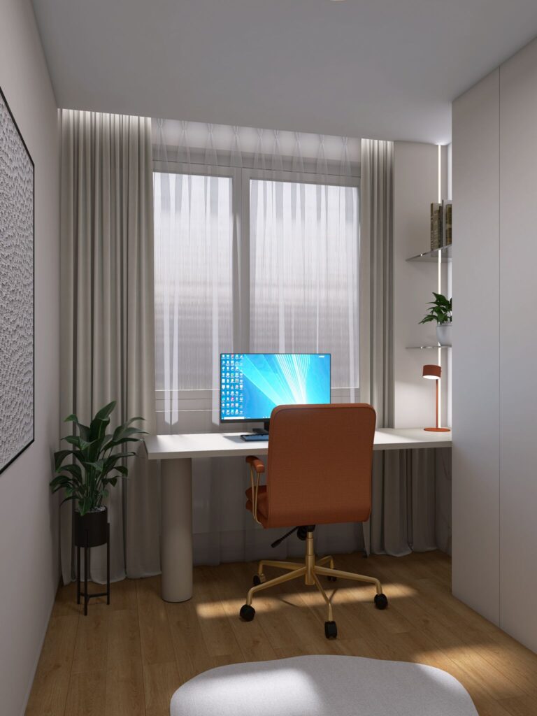 Návrh luxusnej domácej pracovne, home office, neutrálne farby