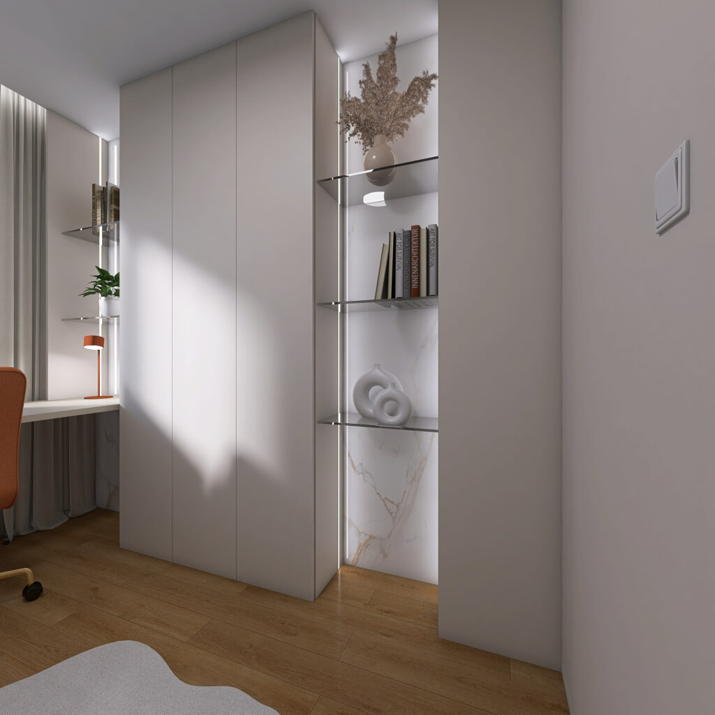 Návrh luxusnej domácej pracovne, home office, neutrálne farby