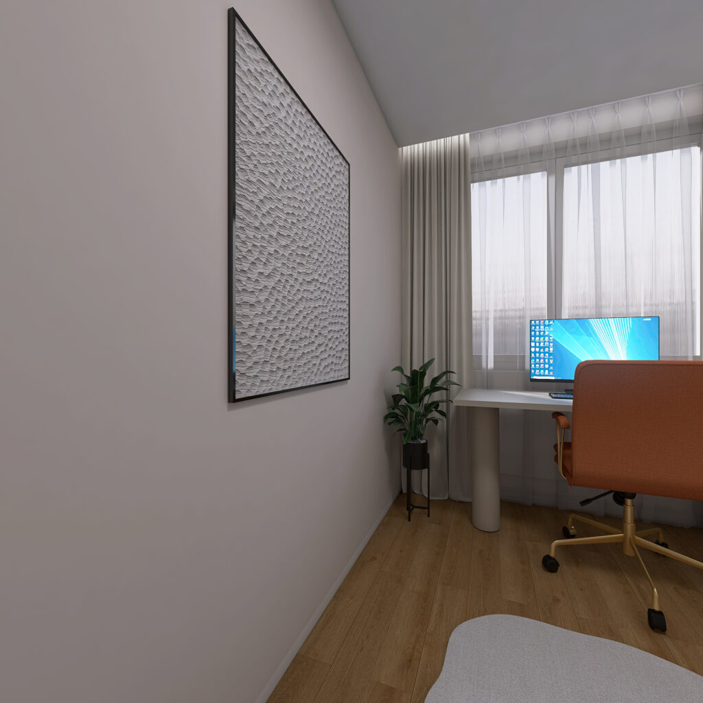Návrh luxusnej domácej pracovne, home office, neutrálne farby