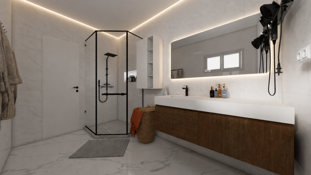 moderná kúpeľňa, bungalov, sprchový kút, led podsvietenie zrkadlo