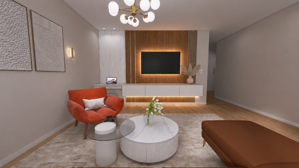 Nadčasová, moderná, útulná obývačka v bungalove, TV stena, pracovný kút, luster, obrazy, oranžové kreslo