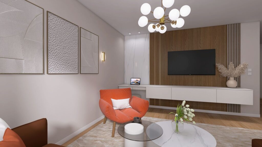 Nadčasová, moderná, útulná obývačka v bungalove, TV stena, pracovný kút, luster, obrazy, oranžové kreslo