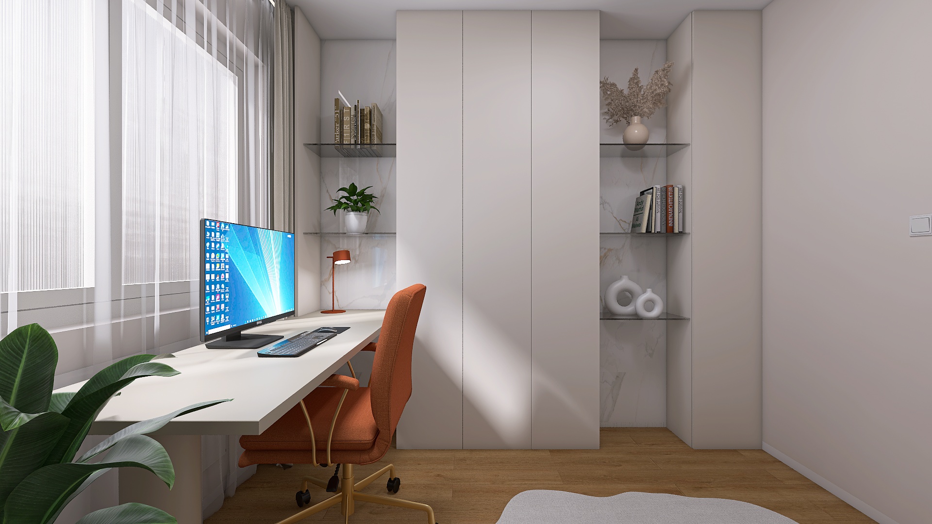 Návrh luxusnej domácej pracovne, home office, neutrálne farby
